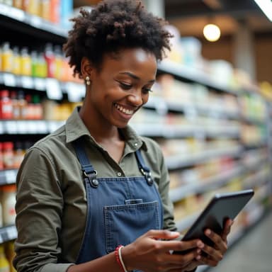 Mulher segura tablet e prevê demandas em supermercado usando o app Chronos.